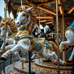 Magical carousel with ornate horses at an enchanting amusement park in a colorful setting, photography of amusement park concept.