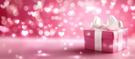 Fototapeta premium Pink gift box with white bow on pink background with heart shaped bokeh. Valentine's Day banner