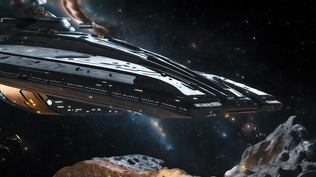 Mining spaceship vaporizes the surface of an asteroid with a powerful laser beam, collecting valuable ore in a futuristic scene of resource extraction in deep space