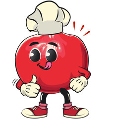 Cute Kawaii Pomegranate character as chef give thumbs up, vector hand drawn cartoon isolated icon illustration, work of hand drawn