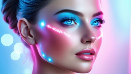Obraz premium Futuristic portrait, vibrant neon lighting, glowing cyan and magenta, high-contrast, flawless skin, piercing blue eyes, perfect symmetry, glossy lips, cyberpunk aesthetic, hyper-realistic, ultra-detai