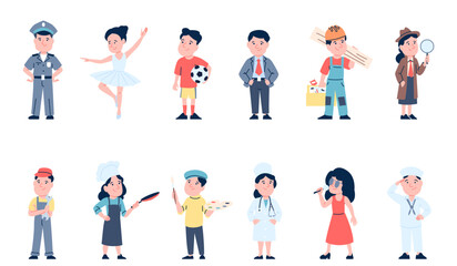 Fototapeta premium Children profession. Cute little kids wearing different uniforms. Policeman ballet dancer singer dancer chef carpenter. Toddlers recent vector set