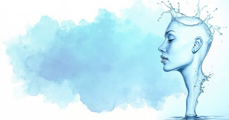 Watercolor Portrait Woman's Face with Water Drops and Splashes on a Blue Background with Copy Space