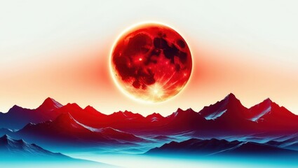 Surreal mountain landscape, vibrant red moon, cosmic sky, colorful peaks, ethereal atmosphere, digital art, dreamlike scene, gradient colors, fantasy illustration, celestial bodies, majestic scenery, 