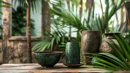 Rustic outdoor arrangement with ceramic pots and plants