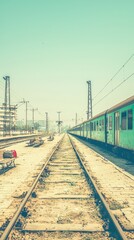 Fototapeta premium A railway track with a green train under a clear sky.