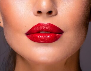 Obraz premium Close-up of Woman's Face with Red Lipstick and Makeup