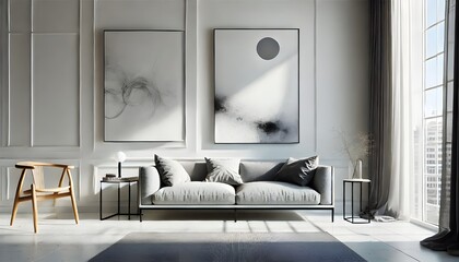 Minimalist Space with Grey Sofa and Abstract Art