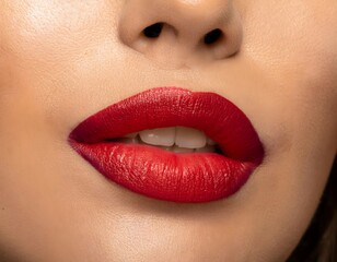 Obraz premium Close-up of Woman's Lips with Red Ombre Lipstick