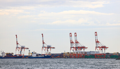 Obraz premium Container port at Osaka Japan, container crane at Industrial port for cargo container ship. Cargo transportation and activity at modern shipping container terminal.
