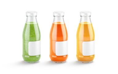 Blank glass bottle with carrot, orange and kiwi juice mockup