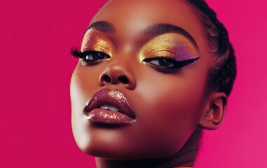 A close-up of a woman with shimmering gold and purple eye makeup and flawless skin on a vibrant magenta background