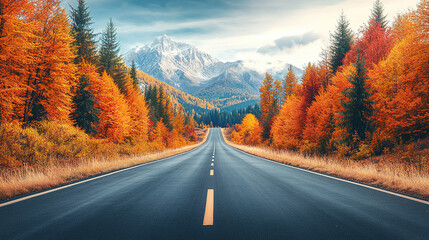 Fototapeta premium Scenic autumn road through colorful forests and mountains in a tranquil landscape during afternoon light