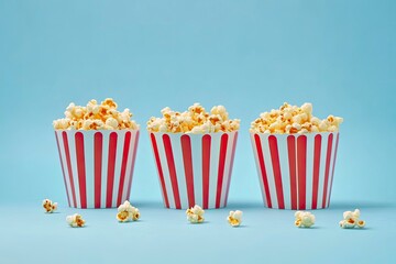 Popcorn box. Red and white striped buckets of popcorn on a blue background. Cinema and entertainment concept. Movie night with popcorn. Cheesy popcorn. Delicious appetizer, snack. Place for text. 