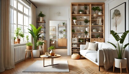 Lush Bookshelf and White Armchair
