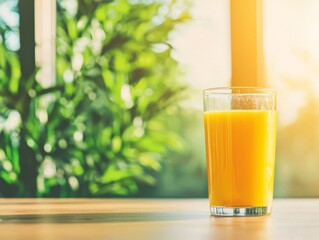 Fototapeta premium A refreshing glass of orange juice on a wooden table with greenery in the background.
