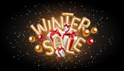 Decorative inflated foil balloon 2025 winter sale font, black background © Alexandr Bognat