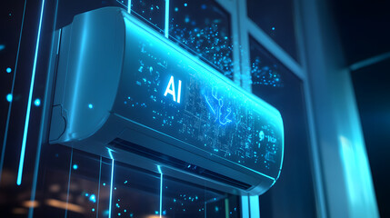 AI air conditioner adjusting temperature with glowing AI feedback