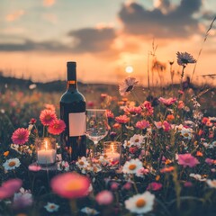 A romantic sunset scene with wine, candles, and flowers in a field.