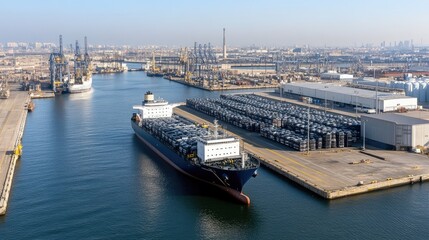 A large car carrier ship is docked at a bustling port, unloading rows of new cars stacked for delivery, showcasing maritime logistics