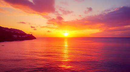 Naklejka premium Stunning sunset over the tranquil ocean, painting the sky in vibrant hues of orange and pink