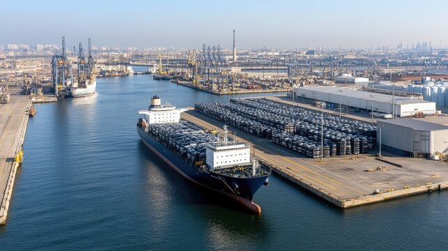 A large car carrier ship is docked at a bustling port, unloading rows of new cars stacked for delivery, showcasing maritime logistics