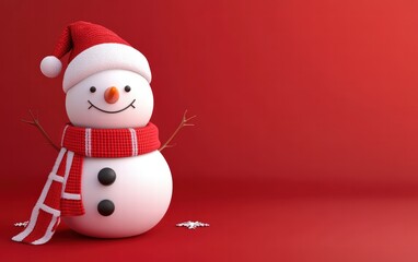 Fototapeta premium 3D cute Snowman cartoon style on festive red background