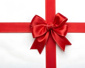 Red satin ribbon with bow isolated on white, top view
