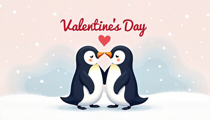 Obraz premium Two penguins touching beaks with a heart for Valentine's Day