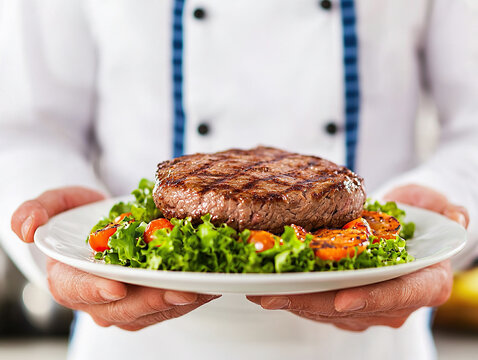 chef presenting grilled steak on bed of fresh greens and cherry tomatoes, showcasing culinary artistry