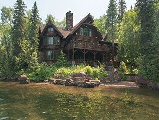 Fototapeta premium A rustic log cabin by a serene lake surrounded by lush greenery.