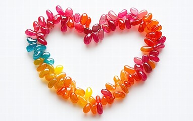 Obraz premium A heart made of colorful jelly beans, creating a playful and vibrant texture on a bright white background