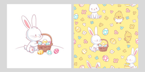 Easter delicate pattern with white rabbits, flowers, bird, Easter eggs and Easter bunny. Cute cartoon background doodle style. Can be used for t-shirt print, kids wear fashion design, baby shower