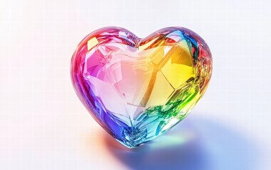 Fototapeta premium A crystal-clear rainbow heart with colorful highlights, floating on a pure white background