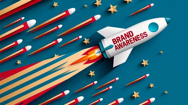 A colorful graphic illustration of a rocket launching with 'Brand Awareness' text, symbolizing growth and marketing success on a blue background.
