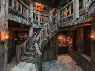 A rustic wooden library with a spiral staircase and shelves of books.