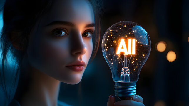 woman holding lightbulb, light colors, isolated, stock photo