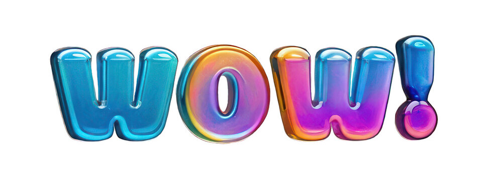 3D holographic Y2K element, isolated background. Liquid chrome metal, colorful, neon sign "Wow!" in a playful font, bright colors and bold text, fun and energetic.