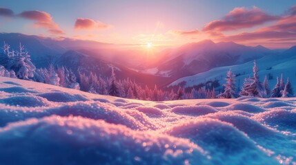 Winter landscape at sunset with a snowy mountain range and a valley surrounded by evergreen trees covered with frost. The sun casts a warm pink light on soft snowdrifts.