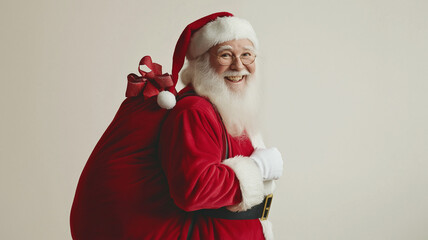 Santa Claus with bag of gifts digital photostyle illustration. White background. Santa festive banner Christmas and New Year. AI artwork.