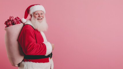 Santa Claus with bag of gifts digital photostyle illustration. Santa festive banner Christmas and New Year. AI artwork.