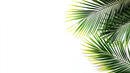 Summer background. Tropical palm leaves, coconut on a white background. Summer concept. Flat lay, top view, copy space