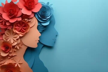 A banner featuring two women in profile on a blue background, designed in a paper cut style.