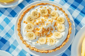 National Banana Cream Pie Day banana cream pie with a golden flaky crust, creamy filling, and whipped cream swirls, garnished with banana slices, sitting on a blue and white gingham tablecloth March 2
