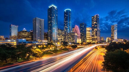 Fototapeta premium Vibrant Nighttime Cityscape with Illuminated Skyscrapers and Motion Blur Traffic Lights
