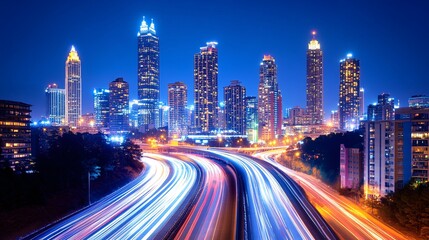 Obraz premium Sweeping View of Bustling Cityscape Illuminated by Vibrant Nighttime Lights