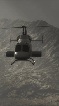 extreme slow motion flying helicopter near mountains with fog