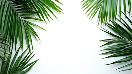Fototapeta premium Summer background. Tropical palm leaves, coconut on a white background. Summer concept. Flat lay, top view, copy space