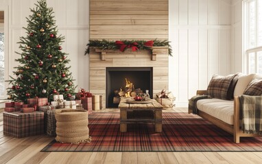 Modern farmhouse living room with a shiplap fireplace, a tree covered in burlap and plaid decorations, and rustic holiday gifts