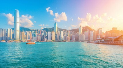 Naklejka premium A scenic view of a city skyline with water and mountains in the background.